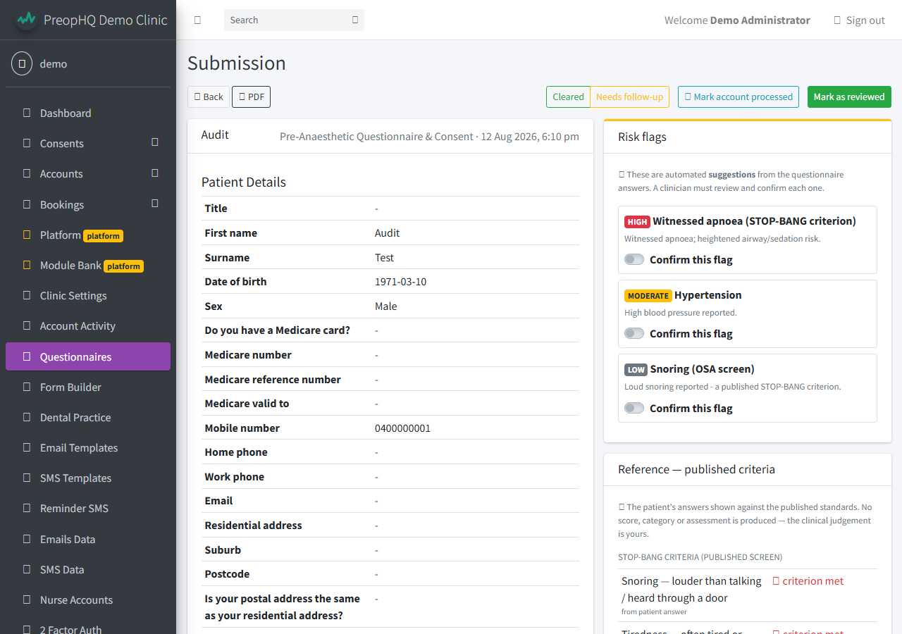 PreopHQ submission review: risk flags awaiting clinician confirmation beside the published-criteria reference panel